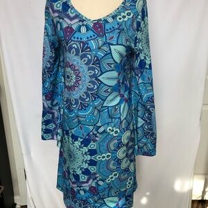 Elegant Blue Floral Long Sleeve Dress